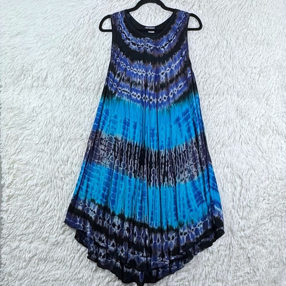 Ma Guggi Tie Dye Boho High Low Maxi Dress Blue Rayon Free Size